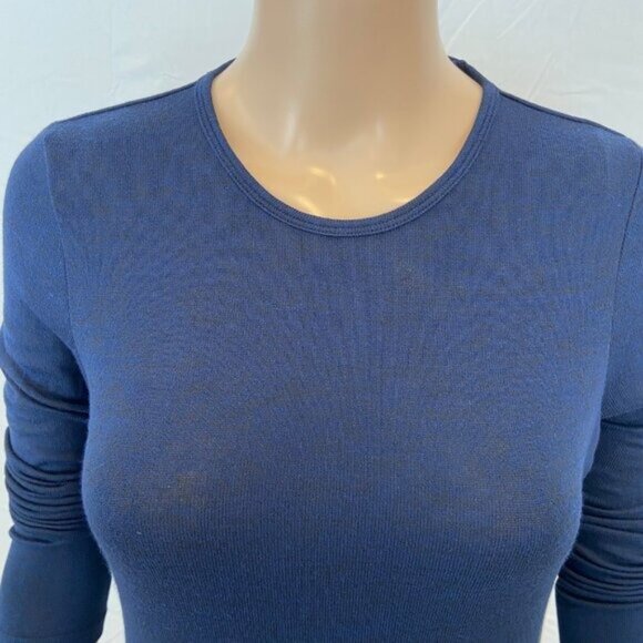 Womens Navy Open-Back Long Sleeve Top S Karma Stretchy Fabric Casual Fit Round - Picture 10 of 13